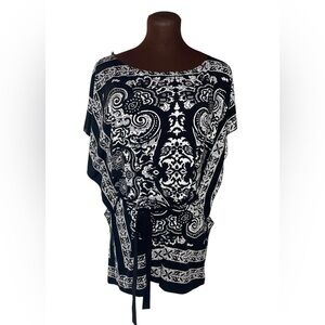 WINDSOR Black & White Paisley WRAPPER Wrap Tie Tunic Blouse Top Shirt Large